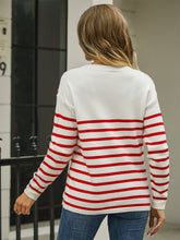 Load image into Gallery viewer, Round Neck Shoulder Button Striped Pullover Sweater