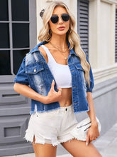 Load image into Gallery viewer, Distressed Raw Hem Button Up Denim Jacket
