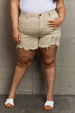 Load image into Gallery viewer, RISEN Katie Full Size High Waisted Distressed Shorts in Sand