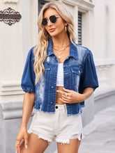 Load image into Gallery viewer, Distressed Raw Hem Button Up Denim Jacket