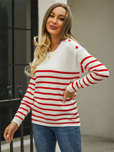 Load image into Gallery viewer, Round Neck Shoulder Button Striped Pullover Sweater