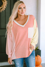 Load image into Gallery viewer, Color Block V-Neck Dropped Shoulder Sweatshirt with Pocket