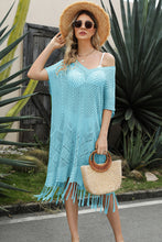 Load image into Gallery viewer, Double Take Eyelet Fringe Hem Longline Knit Cover Up
