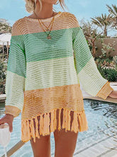 Load image into Gallery viewer, Double Take Openwork Tassel Hem Long Sleeve Knit Cover Up
