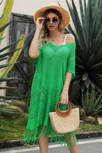 Load image into Gallery viewer, Double Take Eyelet Fringe Hem Longline Knit Cover Up
