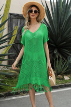 Load image into Gallery viewer, Double Take Eyelet Fringe Hem Longline Knit Cover Up
