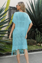 Load image into Gallery viewer, Double Take Eyelet Fringe Hem Longline Knit Cover Up
