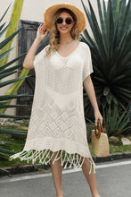 Load image into Gallery viewer, Double Take Eyelet Fringe Hem Longline Knit Cover Up
