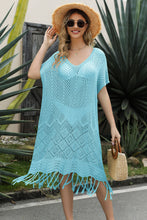 Load image into Gallery viewer, Double Take Eyelet Fringe Hem Longline Knit Cover Up
