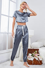 Load image into Gallery viewer, Satin Short Sleeve Crop Top and Joggers Lounge Set
