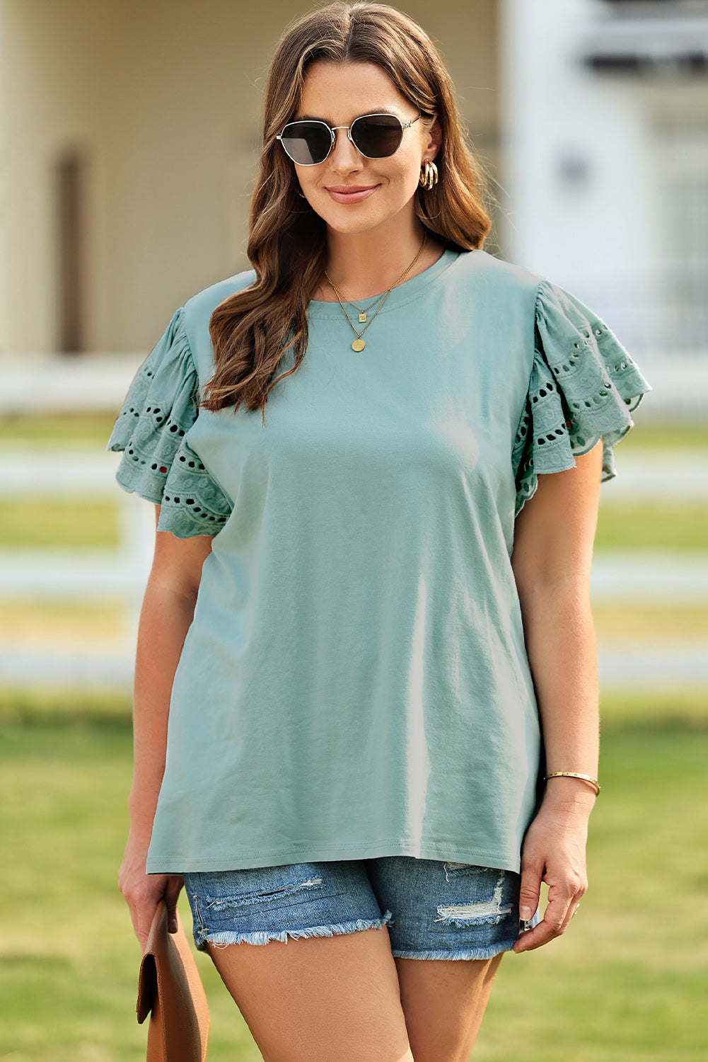 Curvy Size Butterfly Sleeve Round Neck Top