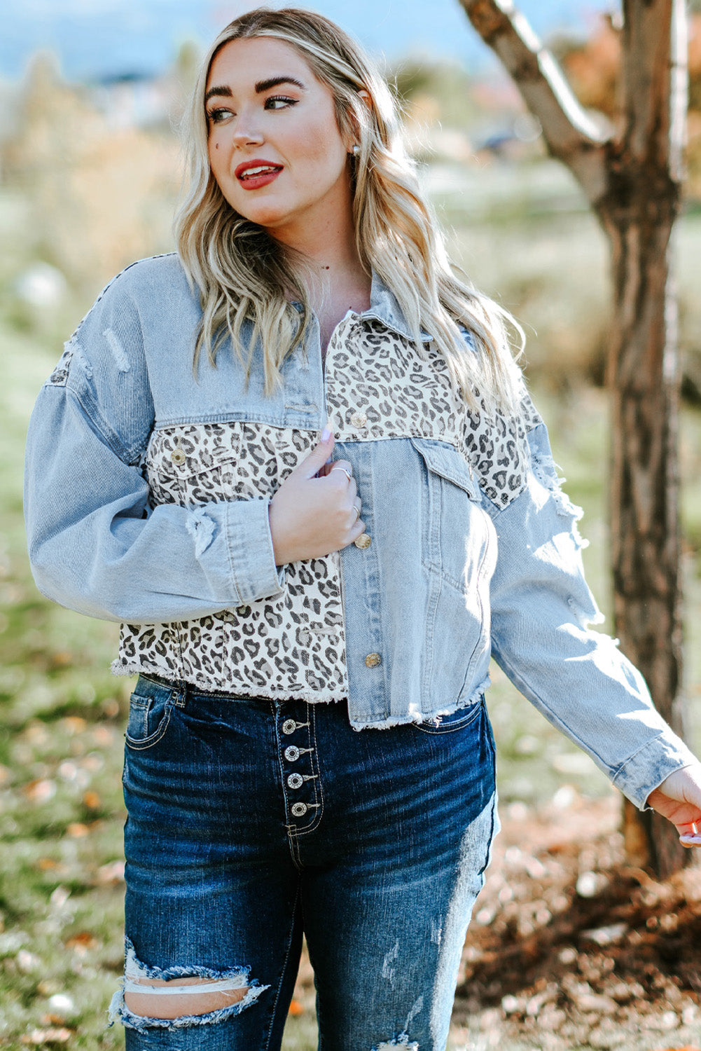 Curvy Size Leopard Raw Hem Distressed Spliced Denim Jacket