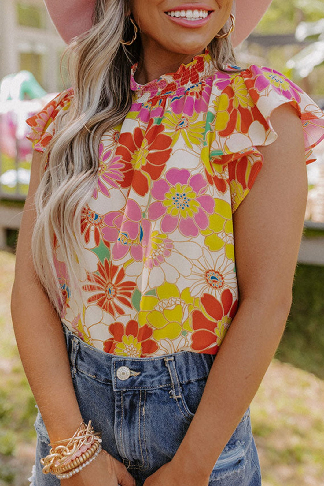 Stand Collar Flutter Sleeves Floral Top