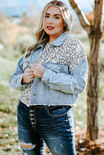 Load image into Gallery viewer, Curvy Size Leopard Raw Hem Distressed Spliced Denim Jacket
