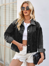 Load image into Gallery viewer, Tassel Button Up Dropped Shoulder Denim Jacket
