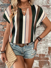 Load image into Gallery viewer, Striped Notched Neck Short Sleeve Blouse
