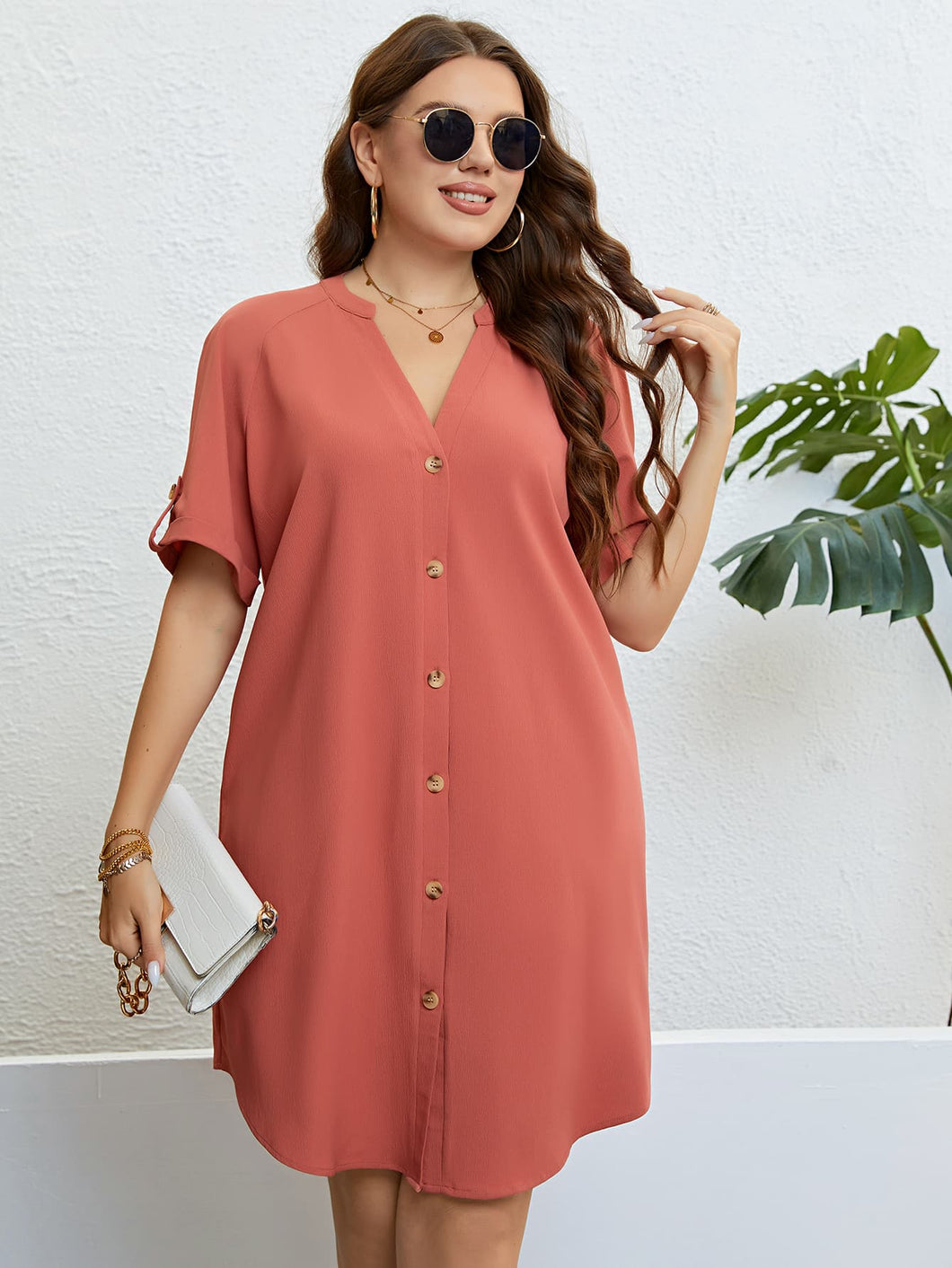 Curvy  Buttoned Notched Neck Shift Dress