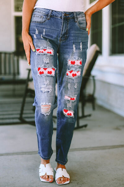 Heart Distressed Raw Hem Straight Jeans