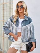 Load image into Gallery viewer, Tassel Button Up Dropped Shoulder Denim Jacket
