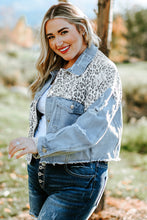 Load image into Gallery viewer, Curvy Size Leopard Raw Hem Distressed Spliced Denim Jacket
