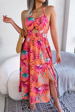 Load image into Gallery viewer, Botanical Print Tied Backless Cutout Slit Dress
