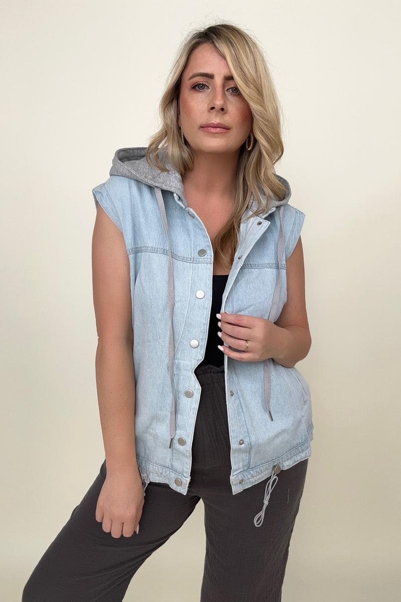 Relaxed Fit Hooded Denim Vest Jacket