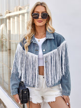 Load image into Gallery viewer, Tassel Button Up Dropped Shoulder Denim Jacket
