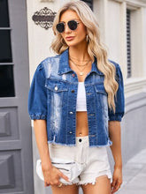 Load image into Gallery viewer, Distressed Raw Hem Button Up Denim Jacket
