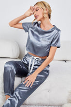 Load image into Gallery viewer, Satin Short Sleeve Crop Top and Joggers Lounge Set
