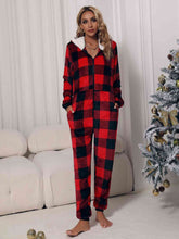 Load image into Gallery viewer, Plaid Zip Front Long Sleeve Hooded Lounge Jumpsuit
