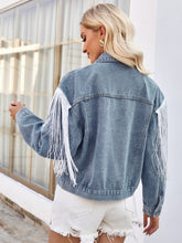 Load image into Gallery viewer, Tassel Button Up Dropped Shoulder Denim Jacket
