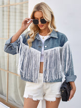 Load image into Gallery viewer, Tassel Button Up Dropped Shoulder Denim Jacket
